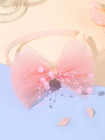 1 pieza Diadema con lazo de malla rosa, Scrunchie de pelo con lazo y perlas rosas para mujer, Estilo hada, Adecuado para uso diario y ocasiones de fiesta, Accesorios para el cabello de mujer, Diadema, Aro para el cabello para el Día de San Valentín, Regalo de accesorios del Día de San Valentín