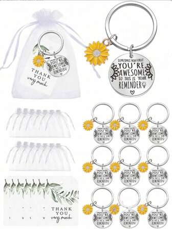 15pcs Sunflower Inspirational Keychain Gift Set, Includes 5pcs Organza Bags, 5pcs Kraft Paper Thank You Tags (Party Supplies), 5pcs "You're Awesome" Keychains, Inspirational Quotes, Stainless Steel Keychains, Suitable For Keys, Wallets, Backpacks, Bags, School, Cute Goth/Y2K Style Accessories, With ID Card Holder Lanyard, Car Accessories, Bag Charms