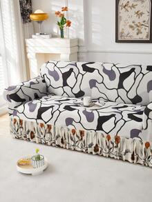 1件牛奶丝面料防滑弹力装饰沙发裙套，新颖组合印花灰色调，多种款式和颜色可选，宠物友好，防尘，四季皆宜 - 彩色 - 查看 6