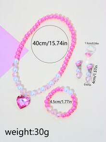 5 pièces/set Bracelet, Collier, Boucles d'oreilles, Bague et Pendentif avec perles et pierres en forme de cœur. Ensemble de bijoux mignon pour filles, convient pour les fêtes, l'école et les anniversaires - Multicolore - Voir 4