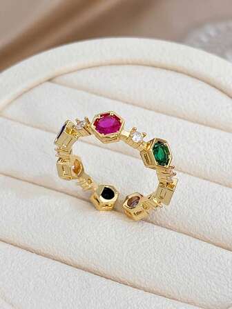 1 pieza Anillo ajustable vintage geométrico multicolor, anillo con banda de piedras preciosas y pavé chapado en oro de 18K anti-desteñido para mujer, para San Valentín, fiesta, diario, Mardi Gras, Año Nuevo, boda, playa, Navidad, aniversario, regalo elegante para mamá, joyería bohemia, regalo de cumpleaños para dama de honor