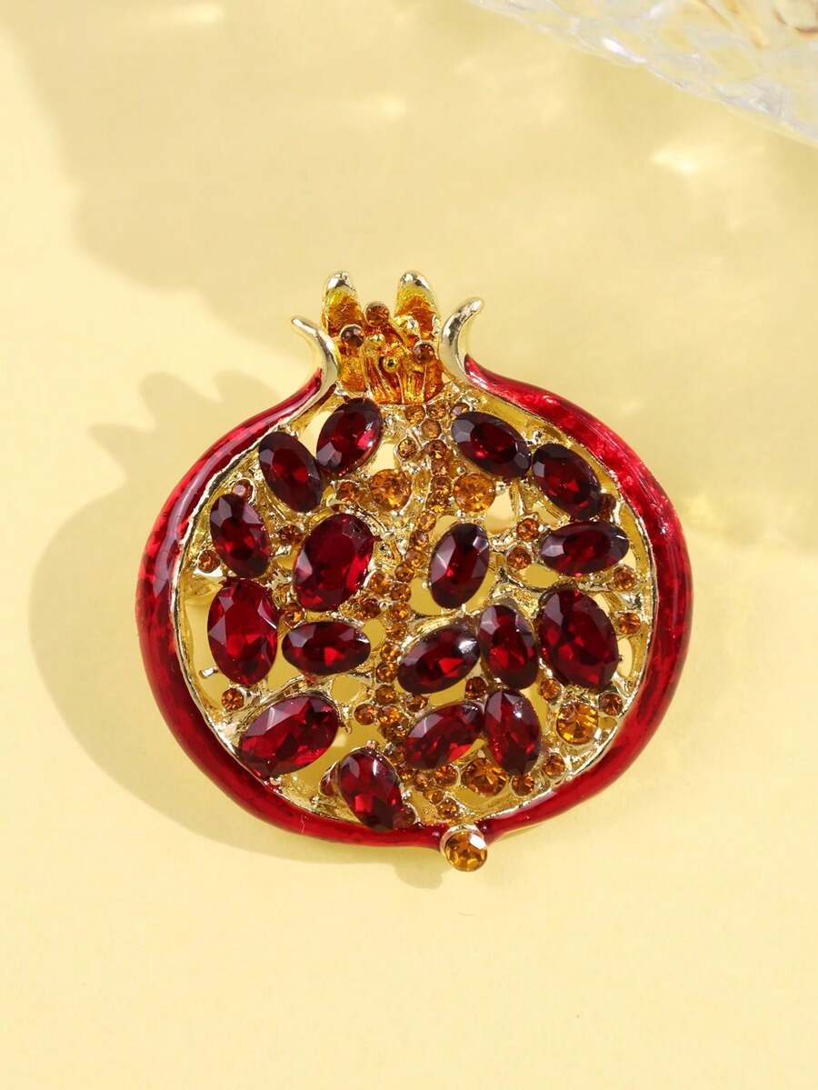 1pc Red Resin Faux Crystal Pomegranate Fruit Metal Brooch - Multicolor - View 1