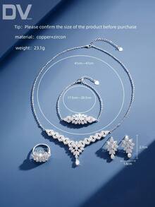 DV JEWELRY 5 件套女士奢华白金镀方晶锆石项链手链耳环开口戒指首饰套装，优雅新娘礼物，适合结婚周年派对 - 銀色 - 查看 5