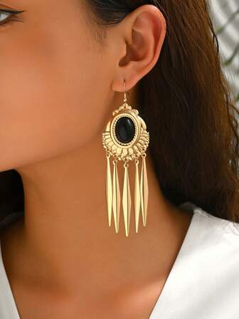 1 Pair Vintage Elegant Boho Peacock Drop Earrings With Gold Tassel, Black Resin Inlay, Suitable For Special Occasions, Sexy Party/Holiday Wear, Thanksgiving, Valentine's Day Gifts For Women