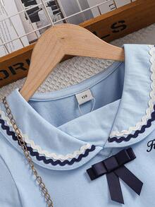 Girls' Summer Short Sleeve Collared Dress, School Style - Baby Blue - View 3