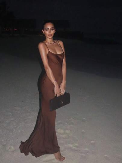 Elegant Sleeveless Spaghetti Strap Bridesmaid Dress, Long Backless Design, Made Of Slightly Stretchy Woven Fabric.