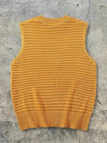 ANDREILEE Men's Casual Loose Solid Color Hollow Semi-Transparent Retro Streetwear Sportswear Sleeveless Knit Pullover Vest, Yellow - Yellow - View 5