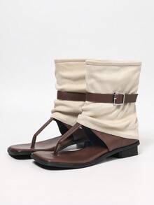 Beige Patchwork Coffee Brown Thong Sandals, Flat Square Toe Street Style Buckle Strap European & American Punk Style Fashionable Women Summer Sandals - Beige - View 4