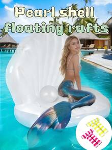 1件珍珠贝壳充气成人漂浮泳池床，水上游戏游泳圈，可折叠休闲椅，条纹三管漂浮平台，适合泳池派对和聚会 - 彩色 - 查看 12