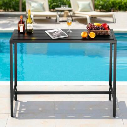 Outdoor Bar Table, 120 X 37.5 Cm Patio Bar Table, Waterproof Top & Sturdy Metal Frame, Rectangle Counter Height Dining Tables, Outdoor Furniture For Balcony, Yard, Hot Tub, Poolside, Indoor