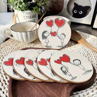 6 piezas Posavasos de madera retro con diseño de pareja con globo con forma de corazón para el Día de San Valentín - Posavasos con estilo de tarjeta, adecuados para tazas, cocina y oficina - Regalo para el hogar nuevo, cumpleaños, boda, aniversario, diseño de pareja de dibujos animados lindos, Día de San Valentín, temporada de bodas