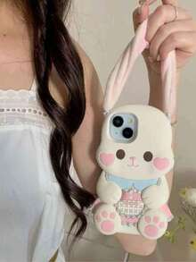 Capa de celular de silicone com coelho de pelúcia fofo de orelhas compridas, compatível com iPhone 12/13 Mini, 15 e 14 Pro Max. Capa protetora macia. - Branco - Ver 5