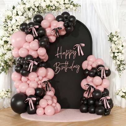 62pcs/108pcs/141pcs Pink & Black Balloons, Ribbons, Bows Decoration Set, Suitable For Birthday Party, Wedding Party, Valentine's Day Party, Anniversary Party