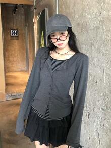 韩版撞色二合一圆领条纹拼布开衫，修身长袖上衣 - 灰色 - 查看 5