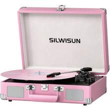 SILWISUN Vinyl Record Player 3 Speed Turntable With Bluetooth, Built In Battery, Portable Suitcase, Built In Speakers,Type-C Port 3.5mm Headphone Jack Aux In/RCA Out Pink For Home Decoration Gift Pink Green Black Brown - 粉紅銀 - 查看 1