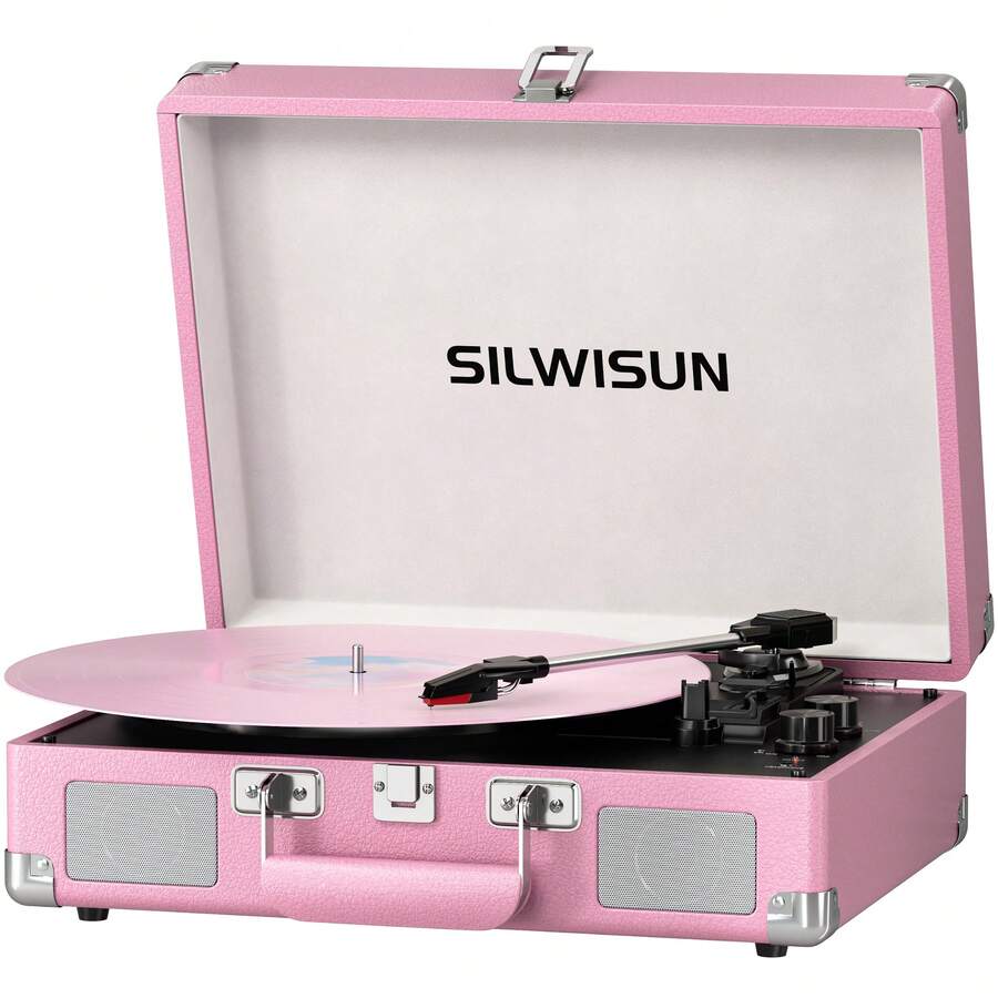 SILWISUN Vinyl Record Player 3 Speed Turntable With Bluetooth, Built In Battery, Portable Suitcase, Built In Speakers,Type-C Port 3.5mm Headphone Jack Aux In/RCA Out Pink For Home Decoration Gift Pink Green Black Brown - 粉紅銀 - 查看 1