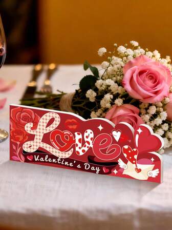1pc Valentine's Day Wooden Decor With Red Rose Heart Pattern And "Happy Valentine's Day" Text, Suitable For Valentine's Day Decoration, Valentine's Gift, Valentine's Party, Home Decor, Room Decor, Candlelight Dinner Decoration And Creating Valentine's Atmosphere