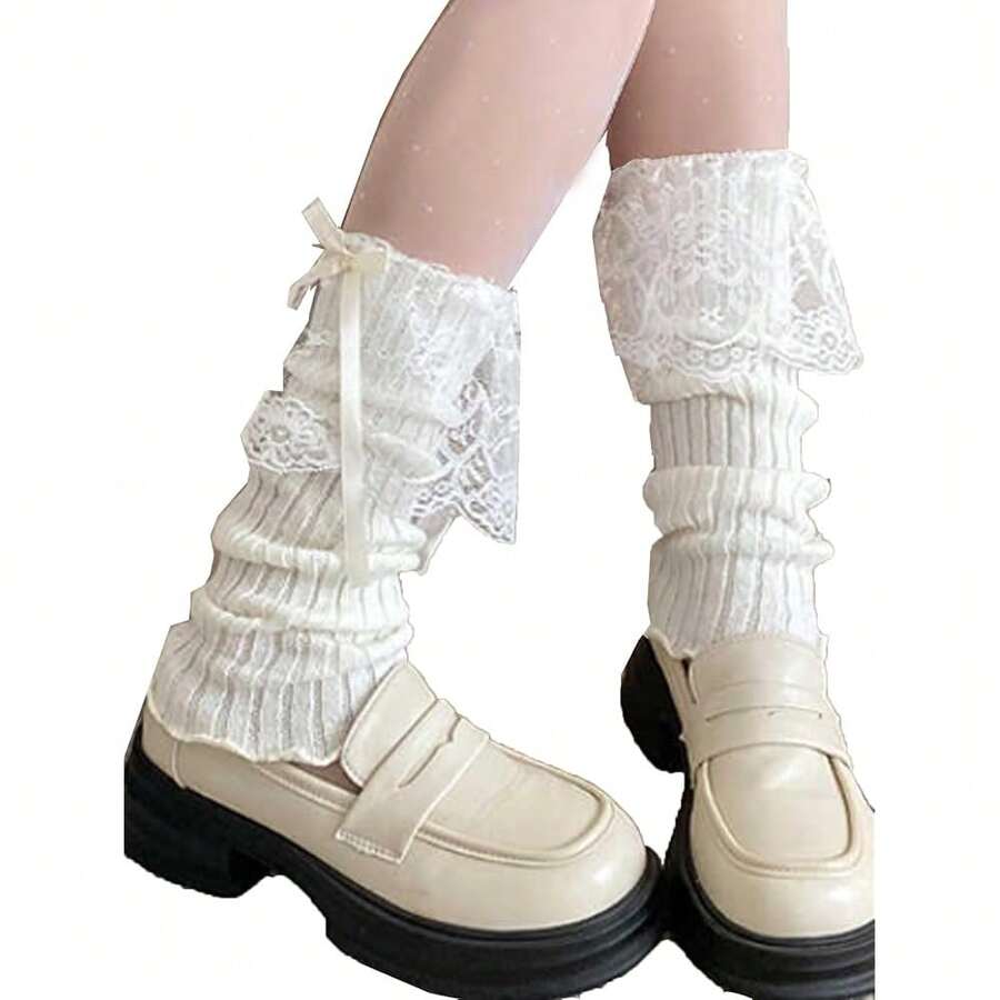 Women's Y2K 80s Leg Warmers Socks Rib Knit Boot Socks,OneSize,WhiteLace - Ren trắng - Xem 1
