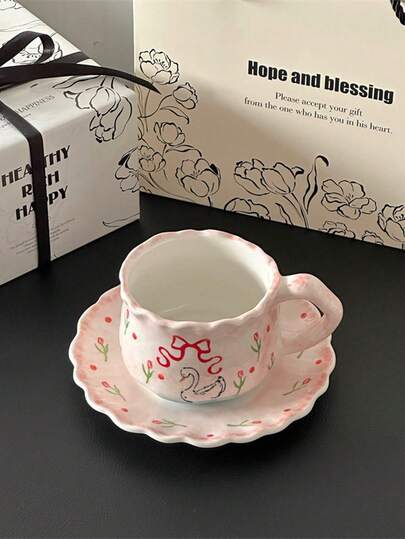 1件套蕾丝蝴蝶结天鹅咖啡杯碟，少女粉色蝴蝶结花卉陶瓷杯碟，女士下午茶杯，适合咖啡、花茶品鉴，奶油色装饰家居及与朋友聚会