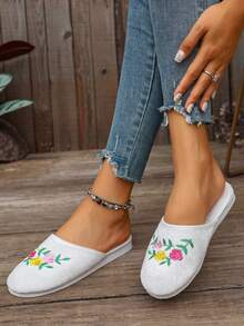 女士刺绣无后跟平底拖鞋 - 白色 - 查看 2