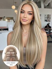 13*6 Inch HD Front Lace Long Straight Wig, 28-Inch Flaxen Blonde Lace Wig, High-End Women's Lace Wig, Heat-Resistant Synthetic Wig, Perfect For Daily Wear, Vacations And Travel, And A Great Holiday Gift For Girls. - Linen Gold - View 2