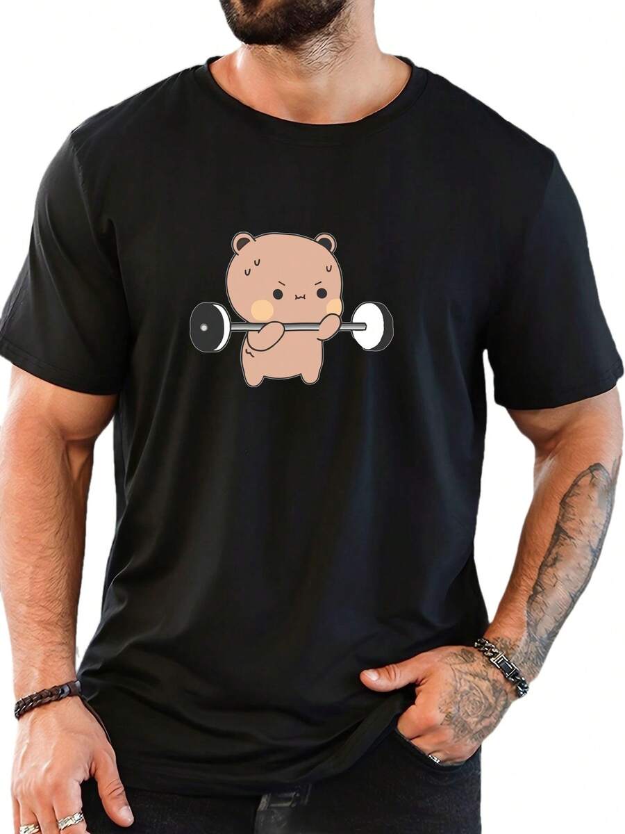 Camiseta Casual de Verano de Manga Corta con Diseño de Un Oso Masculino Levantando Pesas. - Negro - Ver 1