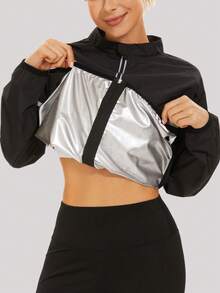 Women's Slimming Sauna Suit Set, Reflective Long Sleeve Stand Collar Jacket With Zipper, Plus Size Sauna Sweat Shirt For Running, Yoga, Gym Workout - Silver - View 4