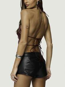 Women Y2K Sequin Cami Top Halter Neck Sparkle Backless Crop Camisole Biling Beaded Crop Top Floral Embroidery Vests Summer Going Out Tops Glam Night Outfit,Rave Outfit,Girls Night Outfit,Concert Outfit,Valentines Clothes,Beach Vacation Outfits - 酒紅色 - 查看 4