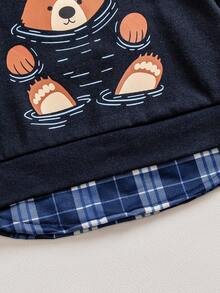 两件套幼儿男童POLO领格子二合一小熊印花长袖上衣和松紧腰牛仔裤 - 寶藍色 - 查看 8