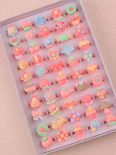 20/30/50Pcs/Lot Cute Fashion Sweet Girls Boys Resin Rings Candy Colored Flowers Butterfly Strawberry Cake Random Styles Birthday Party Children's Day Gifts Daily Wearing Accessories