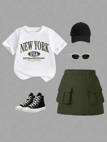 Girls Letter Print Short Sleeve Top And Skirt Set - Army Green - View 3