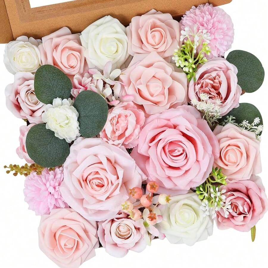 [Free Shipping]Artificial Flowers Combo Box Set Pink Roses Floral Fake Flowers Realistic Touch Flowers With Stems For Wedding Bouquets Table Centerpieces Home Decor - Pinkroses - View 1