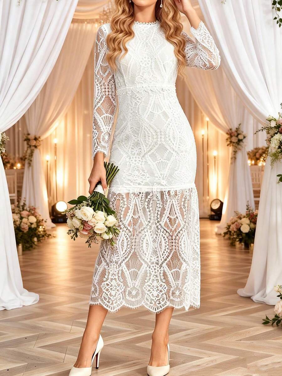 Damklänning för bröllop, brudgåva, elegant spetsklänning med långa ärmar, skolklänning - Vitt - Visa 1