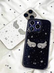 可爱天使翅膀波点软壳手机壳，兼容 17 Pro Max、17 Pro、17、16 Pro Max、16 Pro、16、15 Pro Max、15 Pro、15、14 Pro Max、14、13、12 Pro Max、11，白色简约 Y2K 女孩风格 - 黑色翅膀星星 - 查看 10