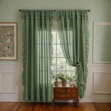 1 pieza Cortina de voile con borde de volantes de lujo francés, cortina de unicolor elegante estilo francés con borde de volantes, adecuada para ventana de bahía, sala de estar, dormitorio, oficina, cocina, estudio, decoración del hogar - Verde - Ver 3