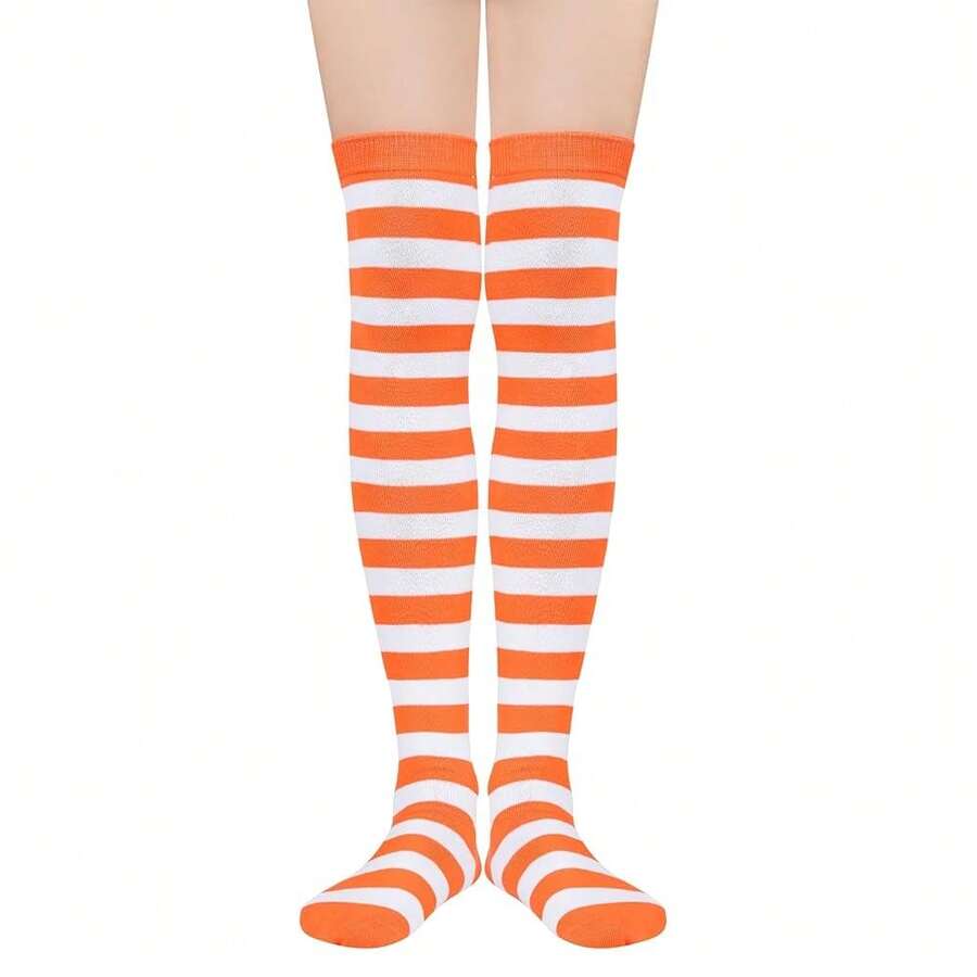 Zando Womens Thigh High Socks Striped High Knee Socks Knee High Socks For Cosplay Long Socks Over The Knee Leg Warmers,OneSize,OrangeWhite - OrangeWhite - 查看 1