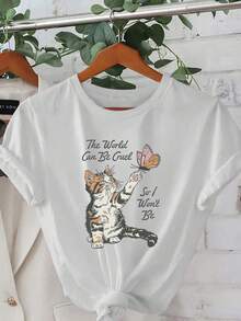Printed T-Shirt, Women's Casual, Vacation, Short Sleeve Round Neck, Spring Summer, Machine Washable, New Women's Fashion, Versatile For Streetwear, Sports - White - View 1