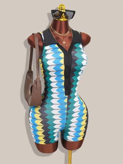 女士多色印花无袖纽扣连体裤，修身休闲日常连体裤，春夏款，女士连体裤