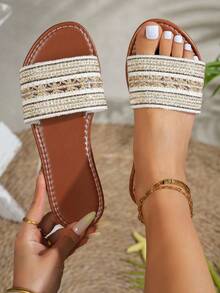 Women's New Woven Strap Layered Hollow Design Casual Beach Slippers, Versatile