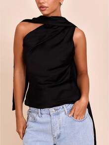 Camiseta de satén de un solo hombro para mujer, top elegante con cuello drapeado en caqui, blusa de fiesta asimétrica brillante tipo seda, blusa de noche sofisticada sin mangas - Negro - Ver 1