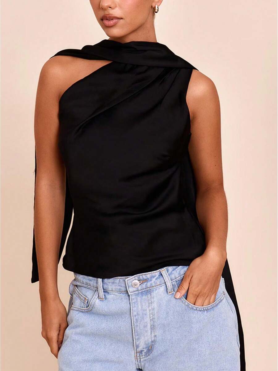 Camiseta de satén de un solo hombro para mujer, top elegante con cuello drapeado en caqui, blusa de fiesta asimétrica brillante tipo seda, blusa de noche sofisticada sin mangas - Negro - Ver 1