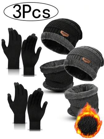 3pcs/Set Winter Knit Beanie Hat, Round Scarf, Touchscreen Gloves Set, Warm Thick Fleece Lined Hatless Cap Gloves Neck Warmer Unisex
