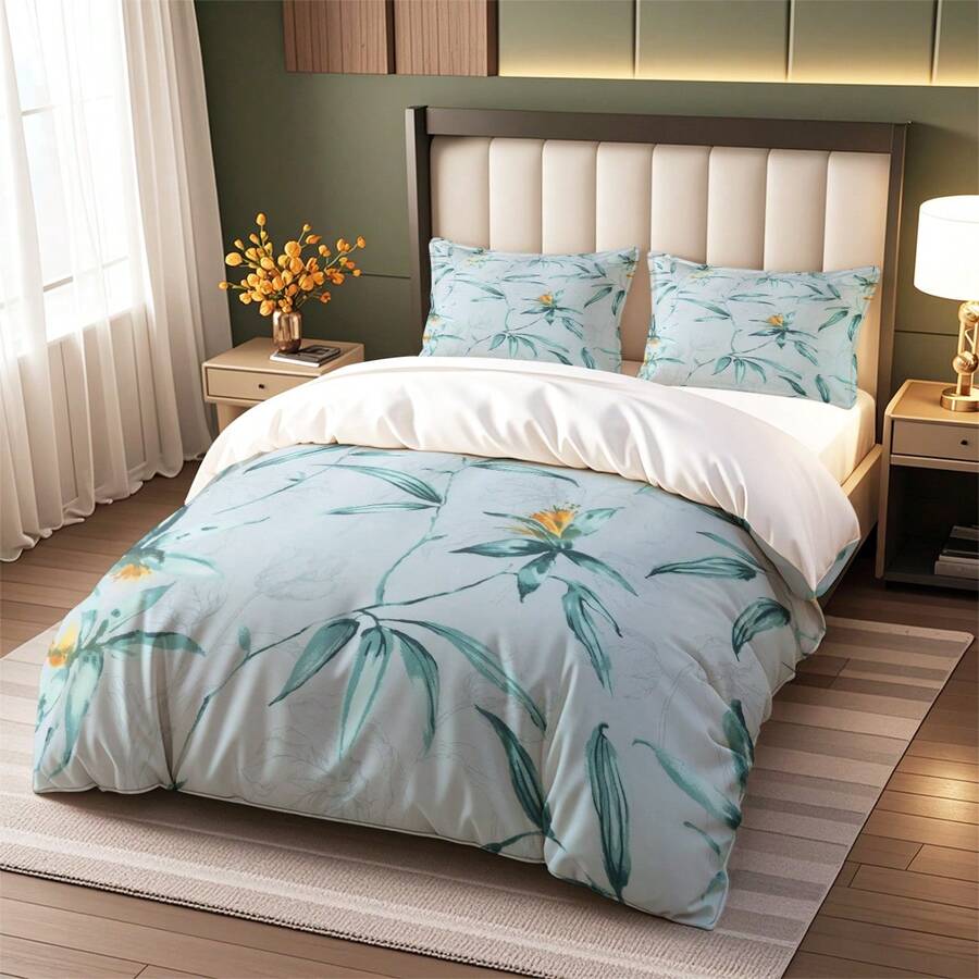 3pcs Floral Print Duvet Cover Set, Light Blue Base With Green Plants And Yellow Flowers, Fresh And Elegant Style, Suitable For Bedroom And Guest Room Bedding Decoration (1 Duvet Cover + 2 Pillow Shams, No Insert) - Blue - View 1