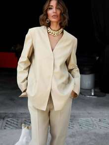 2pcs Women's Business Casual Long Sleeve Open Back Blazer Jacket + Straight Leg Pants Suit Set, Business Commute, Street Style, Airport Fashion, New Solid Color Pocket Business Casual Suit Set, Office Wear Spring/Summer - Apricot - View 4