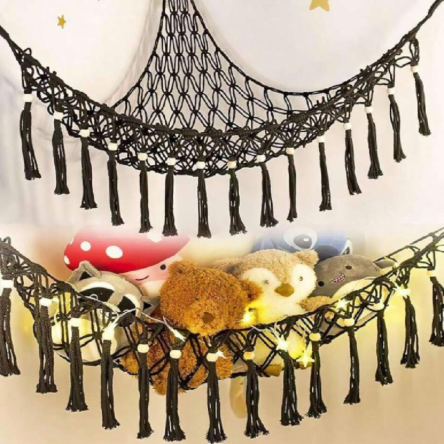 Almacenamiento de Juguetes de Peluche con Luces LED,Gran Hamaca de Red de Animales de Peluche,Adecuada para La Decoración de La Habitación Infantil,Almacena Juguetes y Artículos de Uso Diario (Negro),37286959 - Plateado - Ver 1
