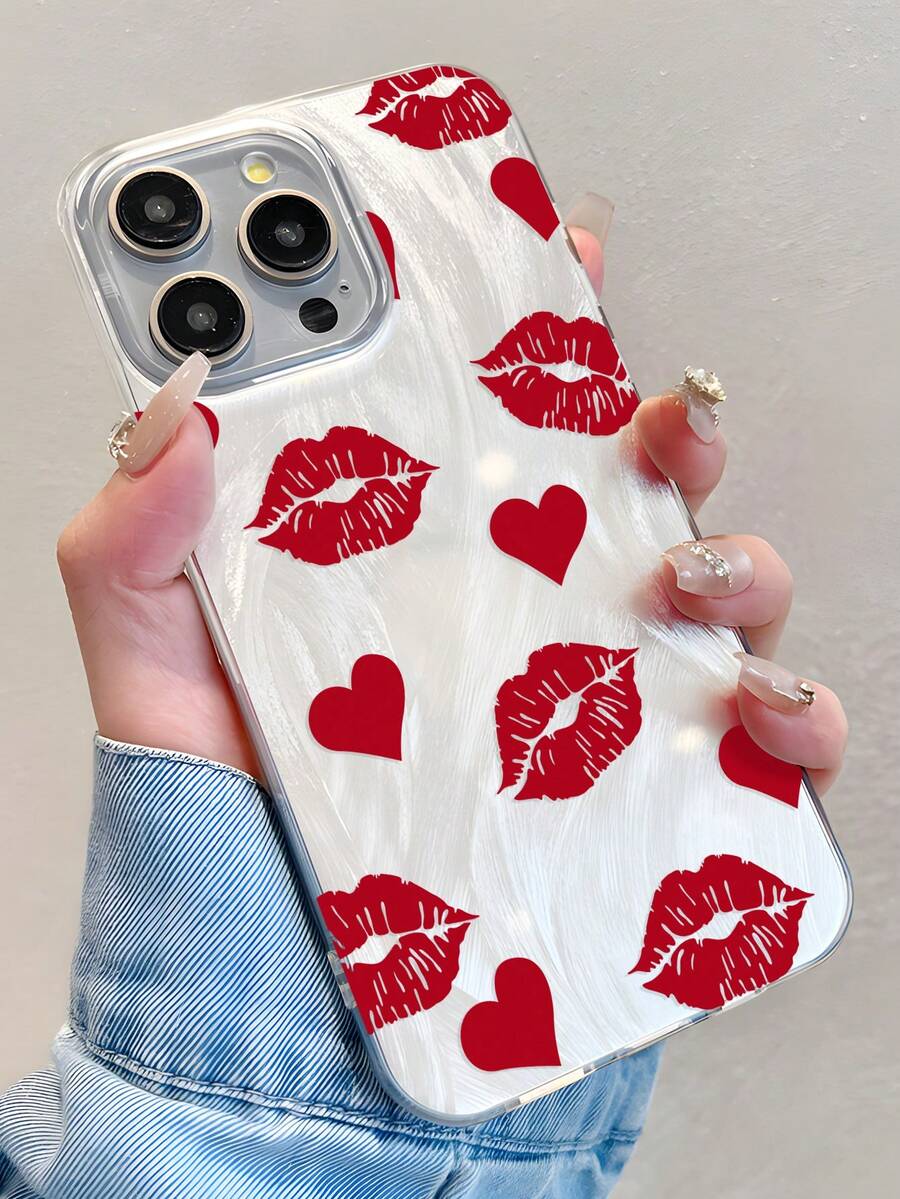 1pc Retro Sexy Sweet Red Lip & Heart Pattern Phone Case, Thick Transparent Protective Cover Suitable Compatible With Samsung A05, A05S, A13, A14, A15, A53, A54, A55, A56, S22, S23, S24, S25 And Apple 11, 12, 13, 14, 15, 16 Pro Max - Multicolor - View 1
