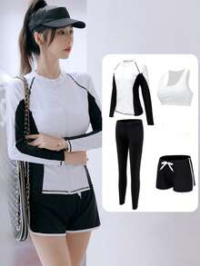 Simple Black & White Sports Swimwear, Women's Full Coverage Long Sleeve & Long Pants Beach Quick-Dry Swimwear Set, Black & White Contrast Zipper Surfing Swimwear, With Chest Pads, Suitable For Water Park, Hot Spring Swimming, Sports Swimming Summer - Black and White - View 9