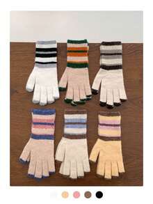 Color-blocked Striped Fleece Gloves
