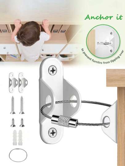 5pcs Baby Furniture Anchors, Anti-Tip Furniture Wall Anchors, White Metal Anti-Shake Straps, Cabinet Wall Mounted, Suitable For Kitchen Cabinets, Wardrobes, Drawers, Vanities, Bookcases (White)