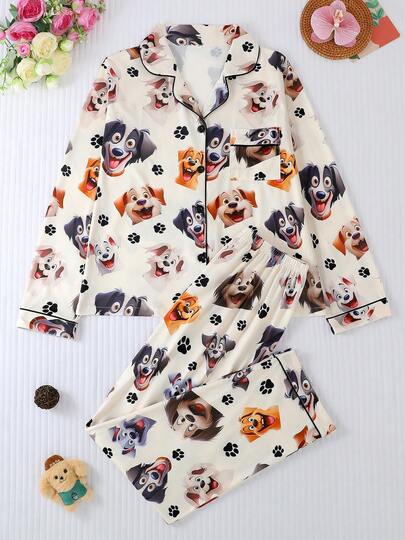 两件套女士睡衣套装，翻领纽扣长袖上衣搭配松紧腰宽松长裤，四季皆宜，舒适宽松，全新卡通狗头印花